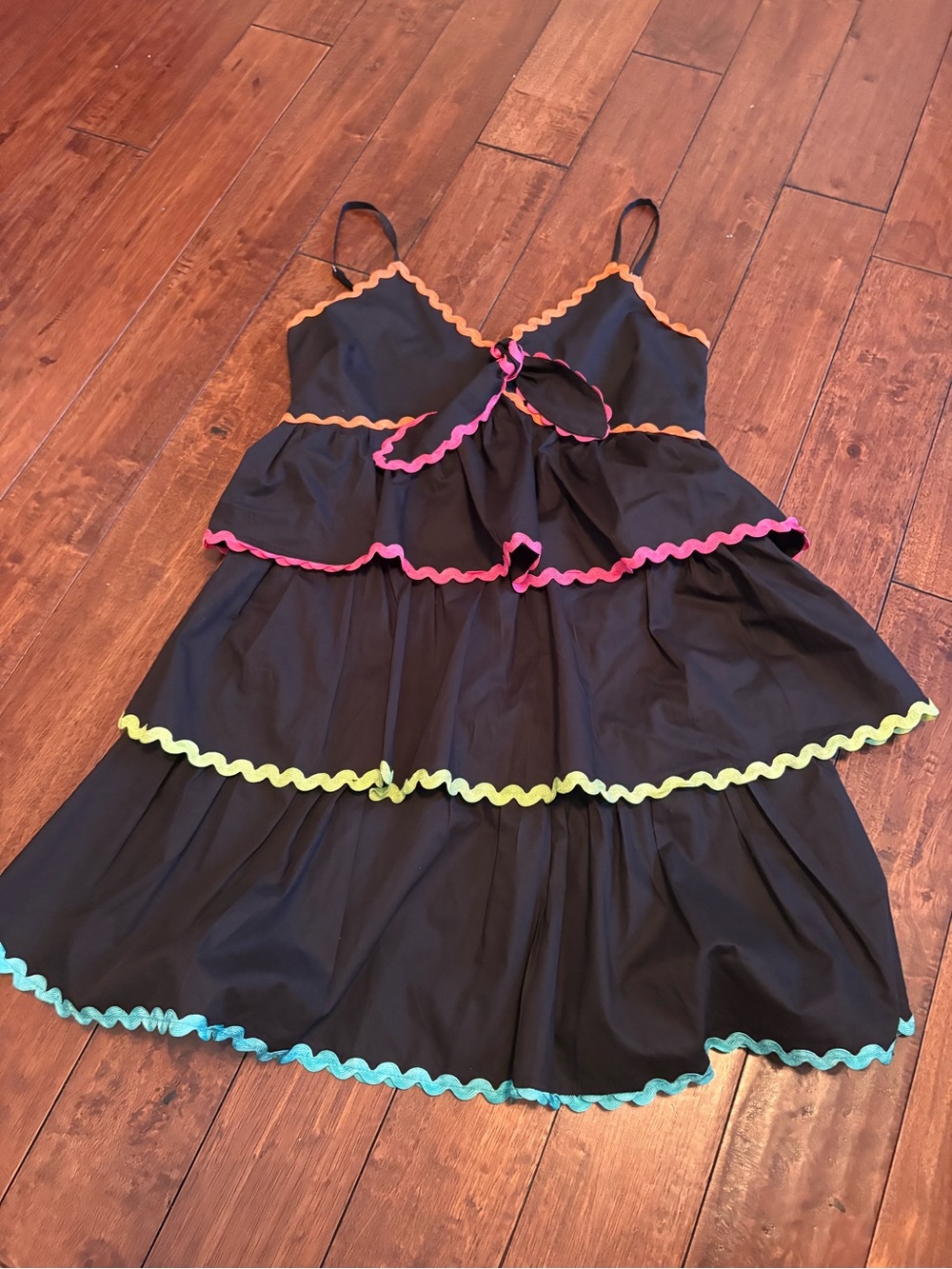 Style U Women’s Black Tiered Mini Dress Colorful Ric Rac Trim Bow Straps Size S